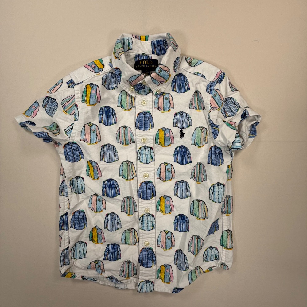 Polo Ralph Lauren Boys White Oxford AOP Button Down Short Sleeve Size 5 0489